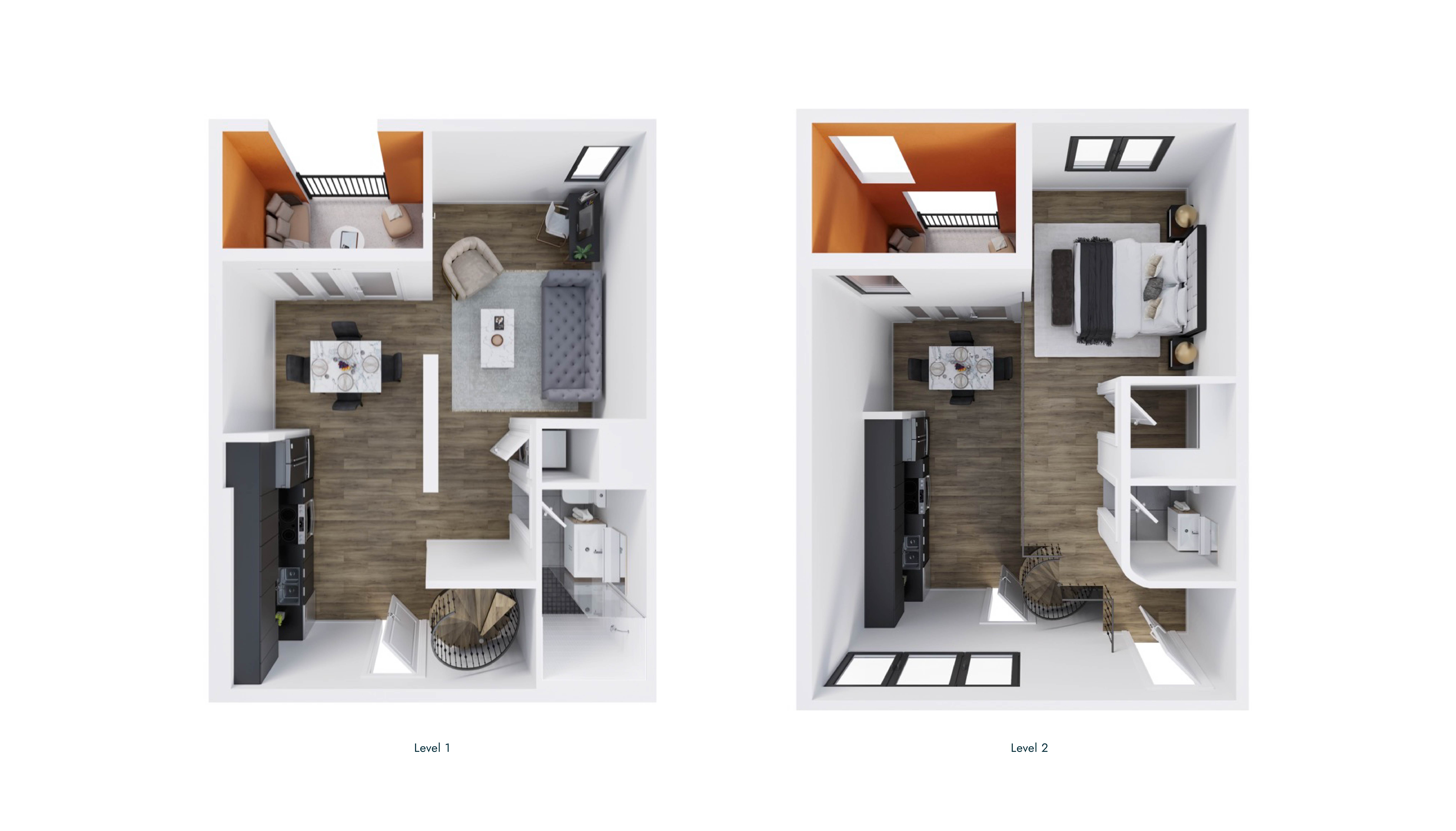 Floor plan for 1 bed, 1.5 baths, 906 sqft